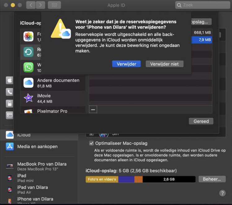 Selecteer in het pop-upvenster de gewenste iOS-reservekopie en klik op de knop ‘Verwijder reservekopie’.