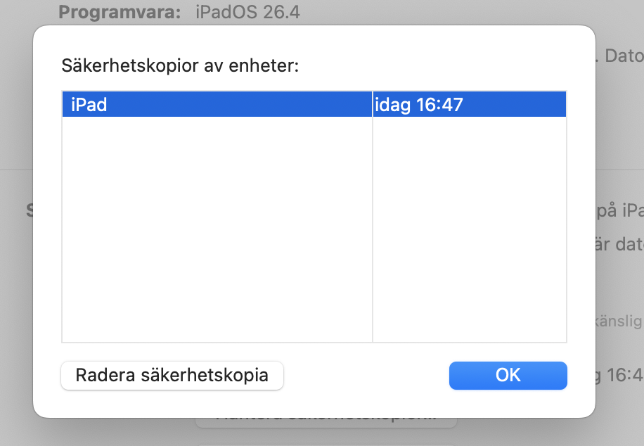 I popup-fönstret, välj den önskade iOS-säkerhetskopian och klicka på knappen Radera säkerhetskopia