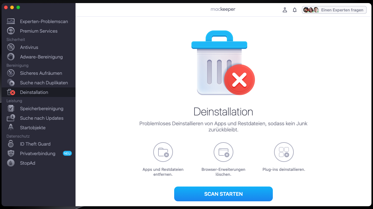 Um Speicherplatz für ein Steam-Spiel freizugeben, verwenden Sie das intelligente Deinstallationsprogramm von MacKeeper. Starten Sie MacKeeper, gehen Sie zu Deinstallation und klicken Sie auf Scan starten.