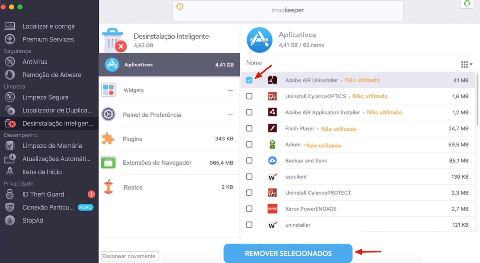 O MacKeeper no Mac exibe a ferramenta Desinstalação Inteligente. Após selecionar os aplicativos que deseja desinstalar, clique no botão Remover Selecionados.