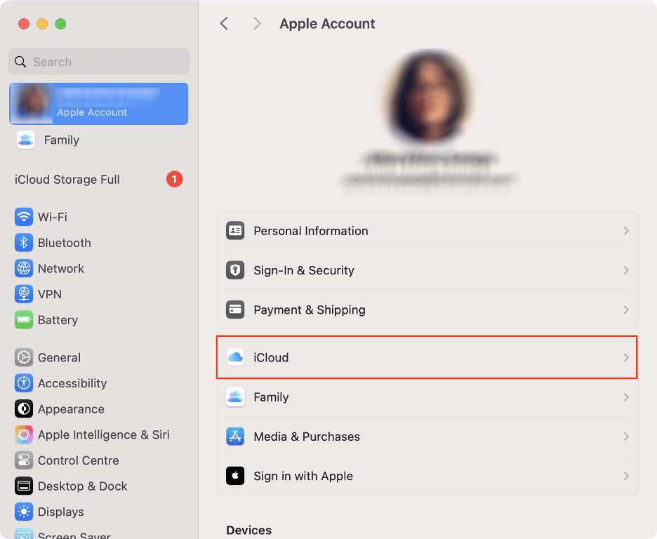 To solve the AppSSOAgent issue causing excessive CPU usage on your Mac, select your Apple Account in System Settings, then click iCloud.