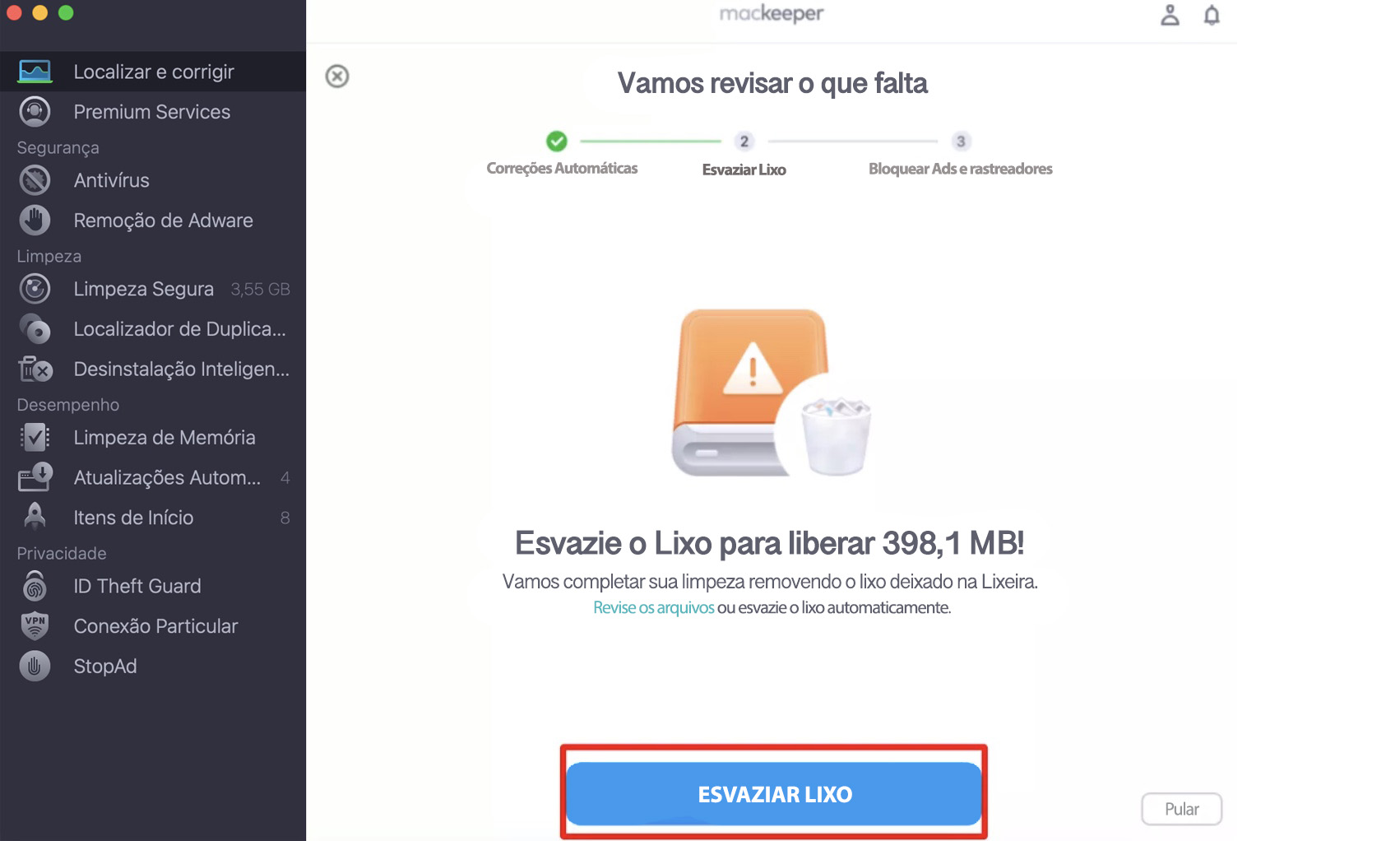 Depois que o MacKeeper tiver corrigido os problemas com o seu alto-falante e em outros pontos, você pode escolher se deseja esvaziar o lixo. Isso não é obrigatório, então clique em Pular se isso não se aplicar a você.