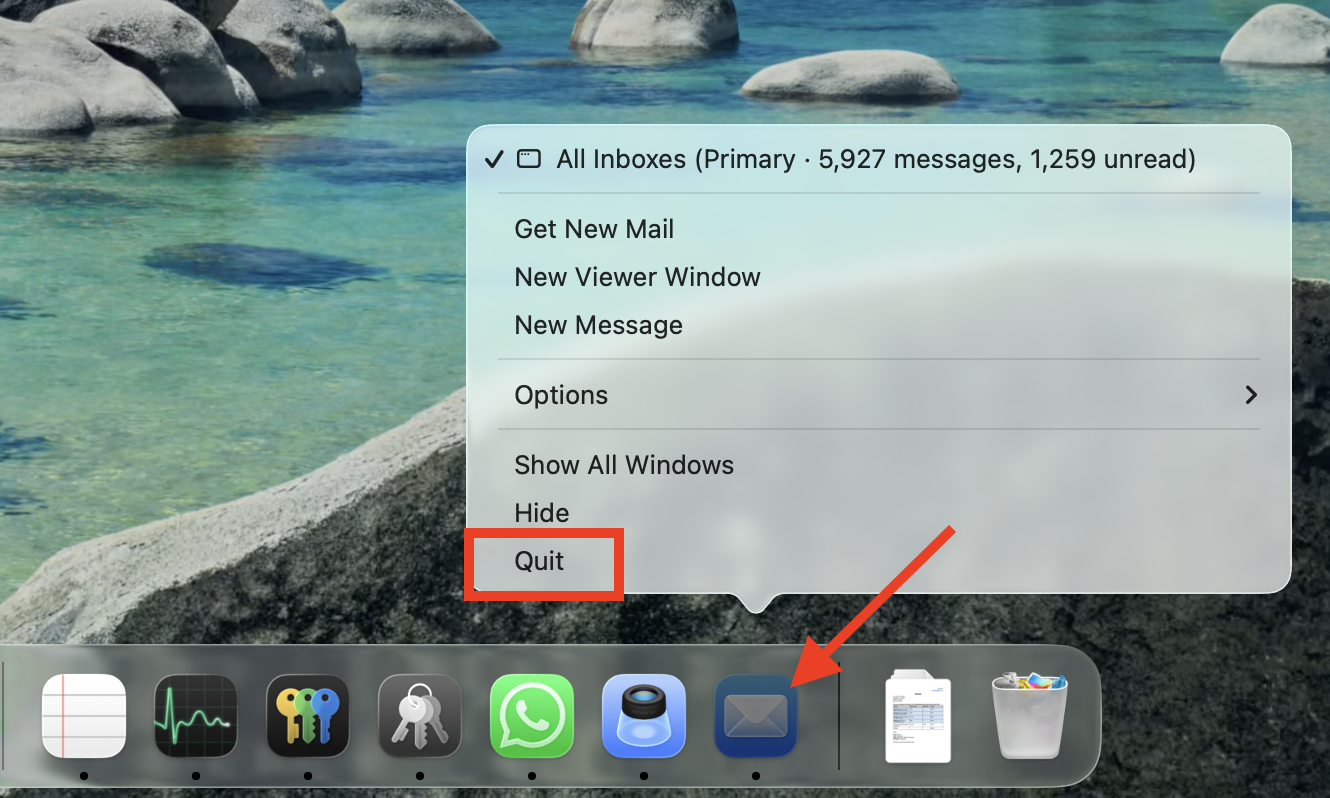 The contextual menu for Mail on Mac. When you run into the Exchange password required error on Mac, first quit Mail and then try restarting your machine.