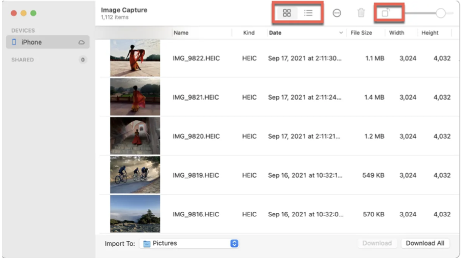 In the Image Capture app, click on Iphone under the devices list. Then make sure to choose the right location next to Import To. Then once you’re ready, tick the photos you want to import or press Import All.