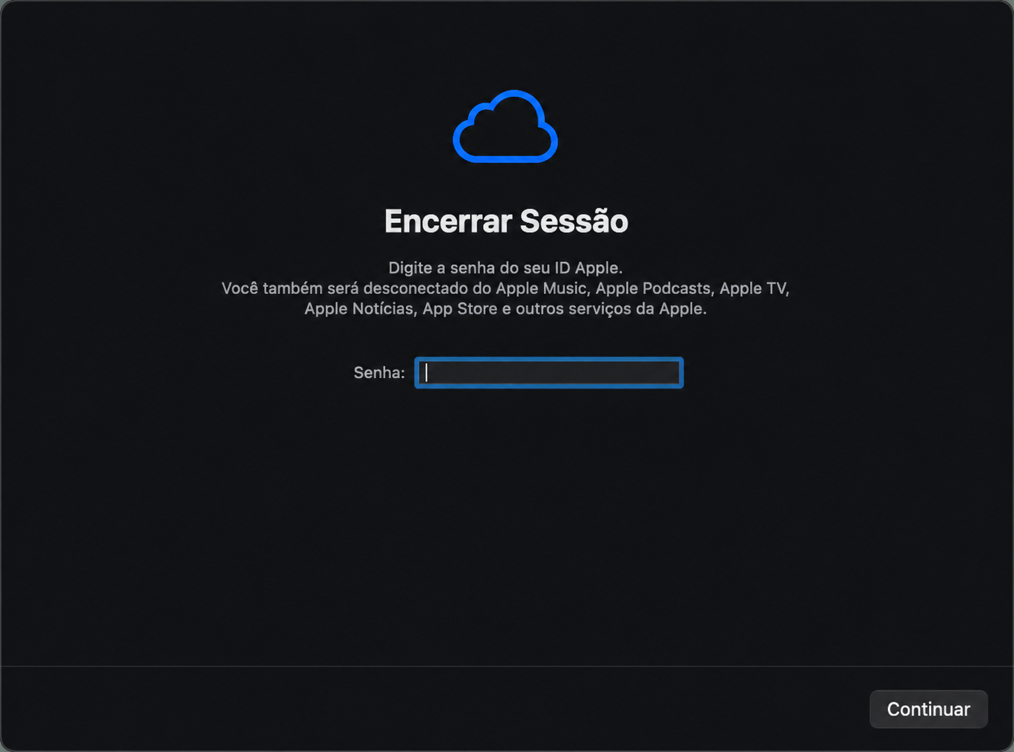 O Assistente de Apagamento do Mac solicita ao usuário que saia da sua Conta Apple. Fazer isso permite ao usuário redefinir o MacBook para as configurações de fábrica.