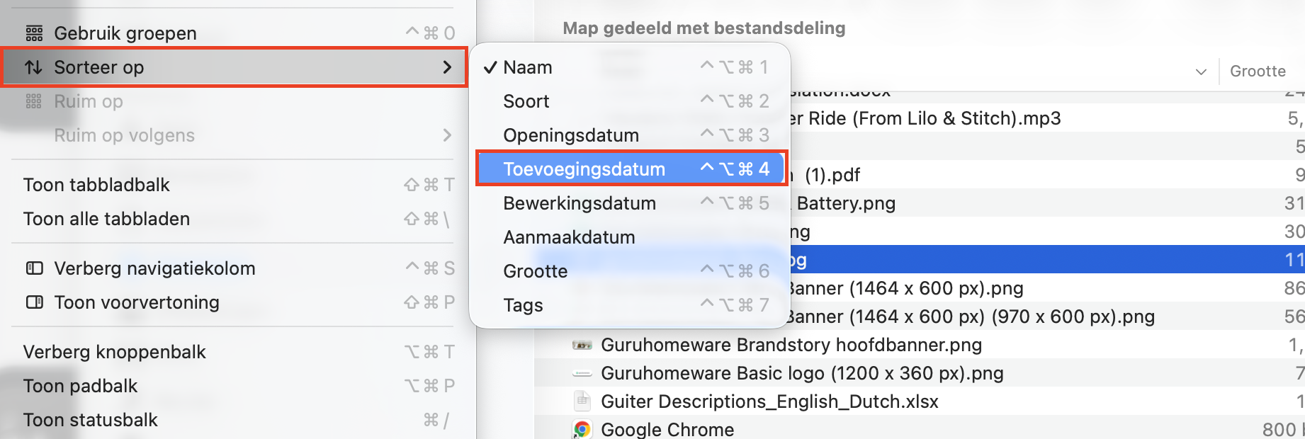 Om je downloads op datum te sorteren op je Mac, open je Finder en ga je naar je Downloads-map. Klik vervolgens met de rechtermuisknop in de map, kies je Sorteer op en selecteer je Datum toegevoegd in het menu.
