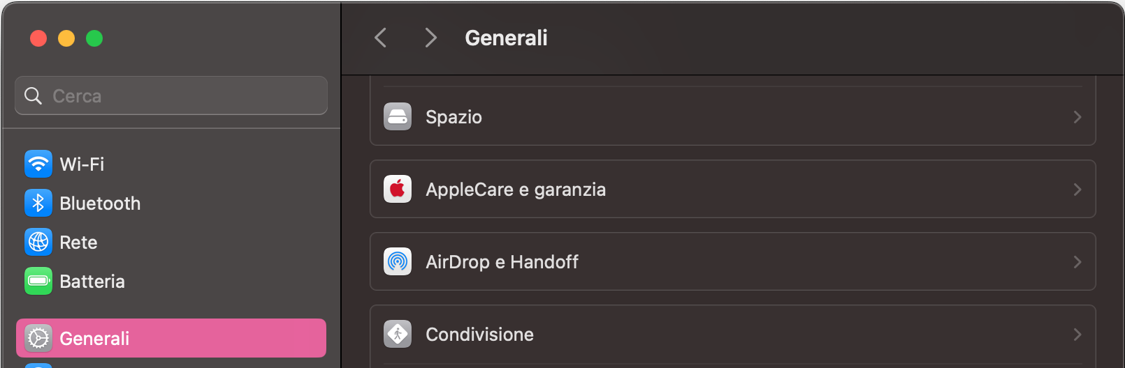 Impostazioni di Sistema su Mac con tutti i menu nella barra laterale. Clicca Generali per accedere al menu Gestione dispositivo.