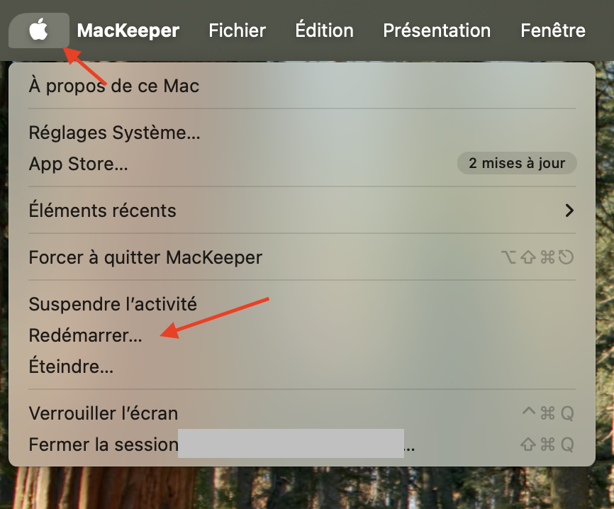 Option Redémarrer dans le menu Apple sur macOS Monterey. Cliquez sur Redémarrer pour commencer.