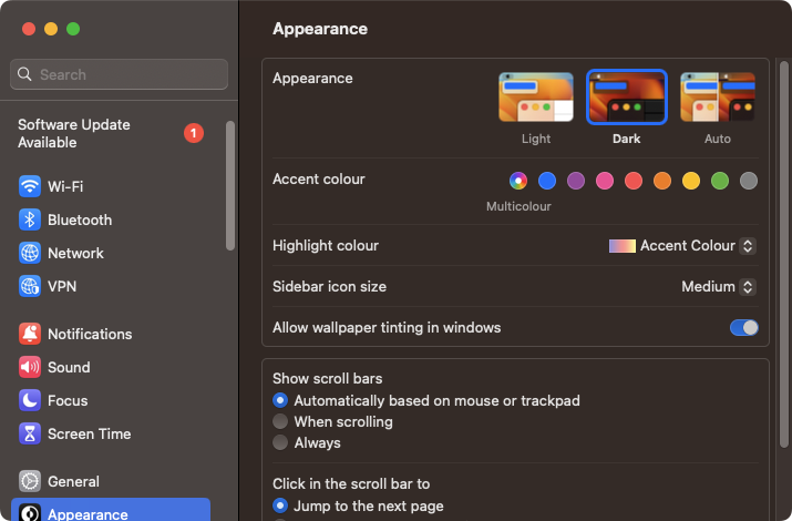 In the macOS System Settings, you can change various Appearance settings, including the highlight color and dark mode.
