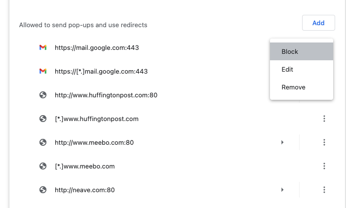 Go through the list and choose something to change. Click the three dots, then use the menu to select Block. Pop-ups and redirects will be prevented.