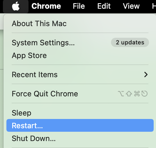 To speed up Safari on your Mac Sonoma, open Apple Menu and choose Restart option.