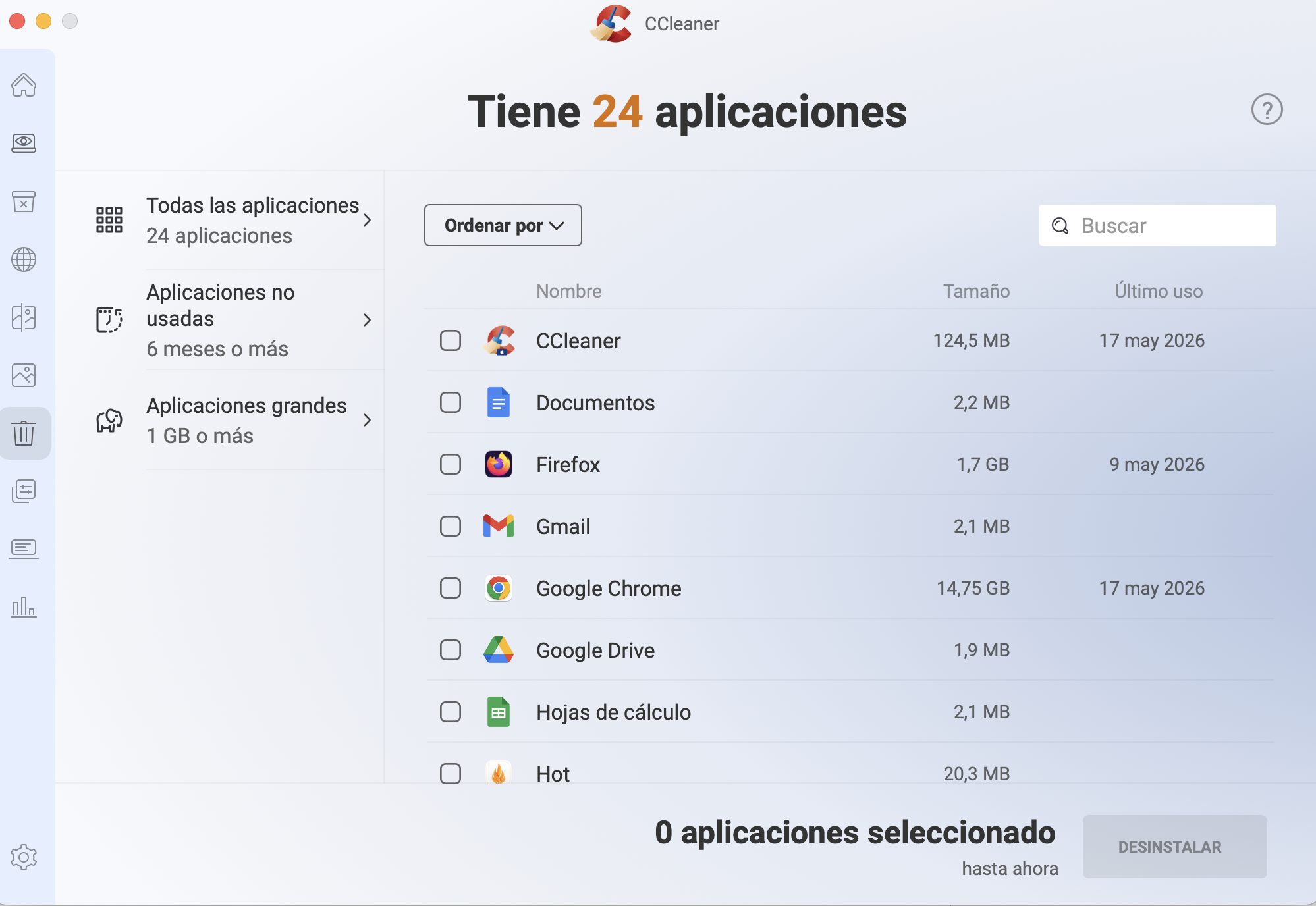 Si tienes aplicaciones en tu Mac que ya no usas, puedes quitarlas fácilmente con CCleaner para Mac. Marca las casillas y selecciona Desinstalar para lograr los resultados deseados.