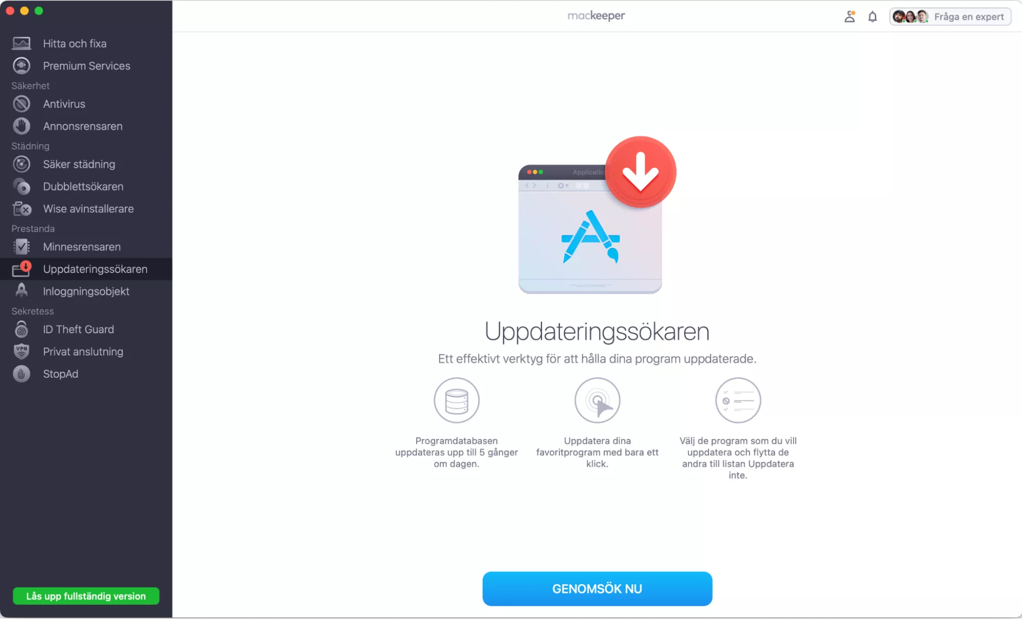 För att kontrollera om apparna behöver uppdateras kan du använda MacKeepers funktion Uppdateringssökaren. Starta MacKeeper, välj Uppdateringssökaren och klicka på Genomsök nu.
