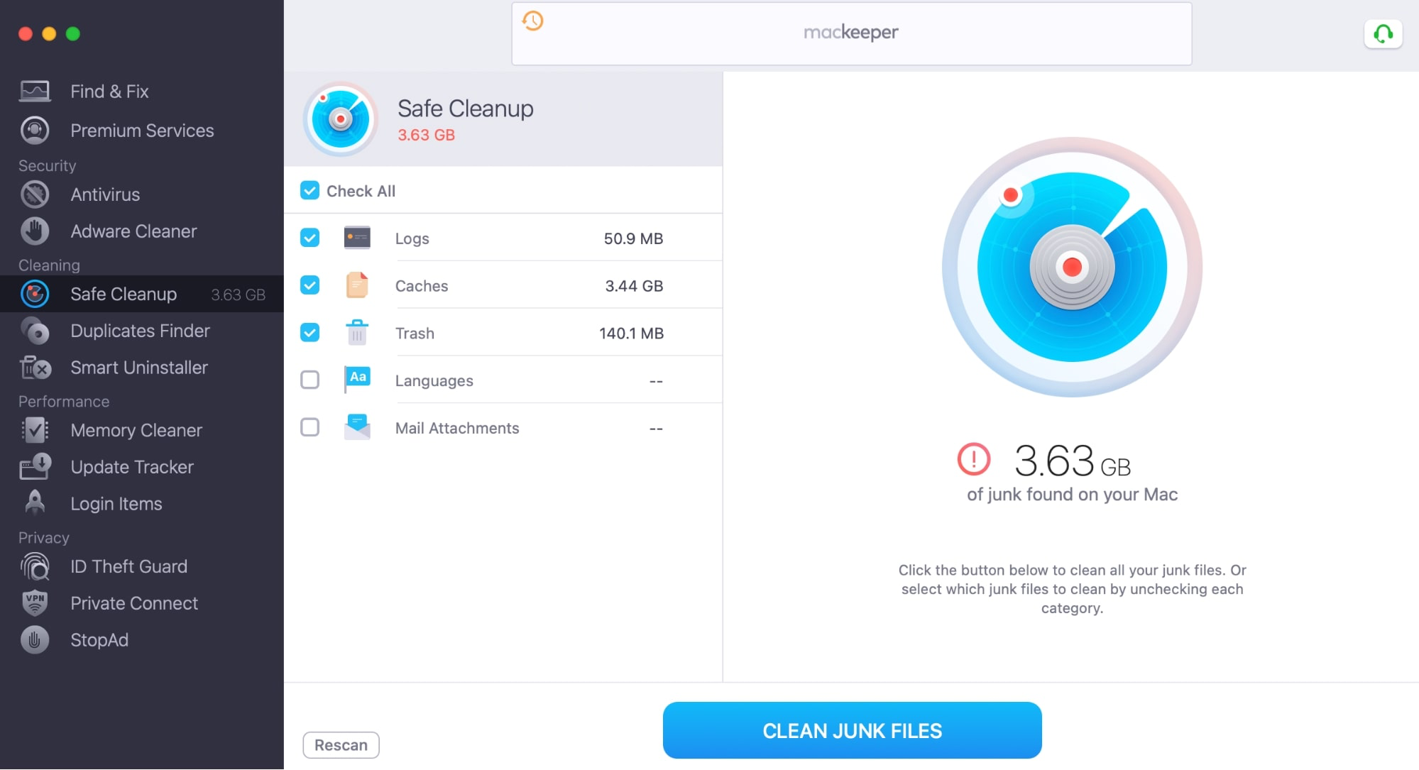 The Safe Cleanup tool inside MacKeeper for Mac. To free up disk space on your computer, select the junk you want to remove, then click Clean Junk Files. The Safe Cleanup tool inside MacKeeper for Mac. To free up disk space on your computer, select the junk you want to remove, then click Clean Junk Files.