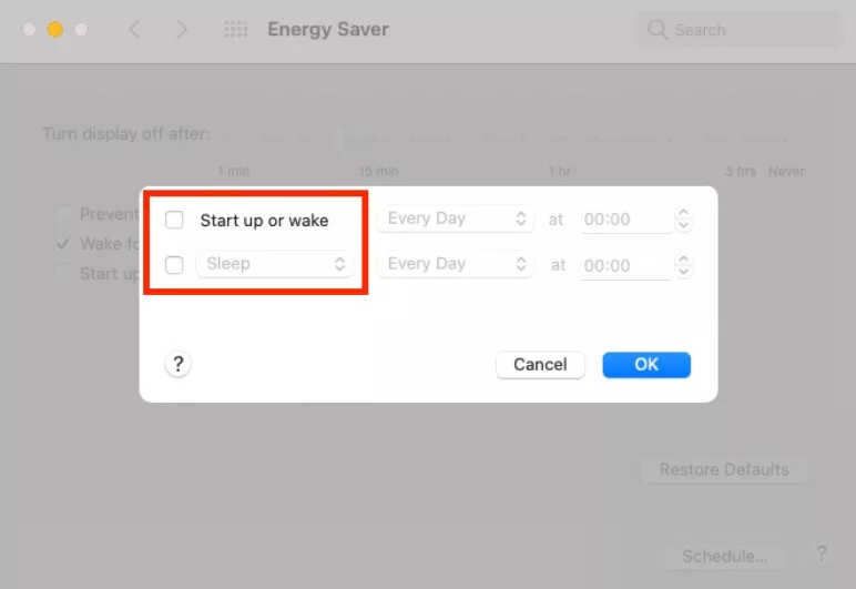 Start up or wake and Sleep windows