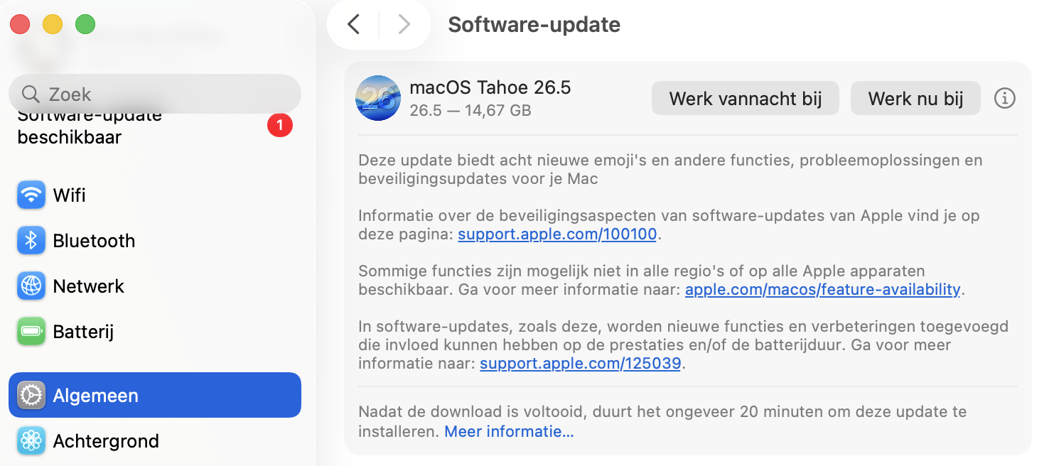 Wanneer je klaar bent om de macOS-software bij te werken, ga naar Systeeminstellingen > Algemeen en selecteer Software-update. Als er een update beschikbaar is, selecteer Nu bijwerken.