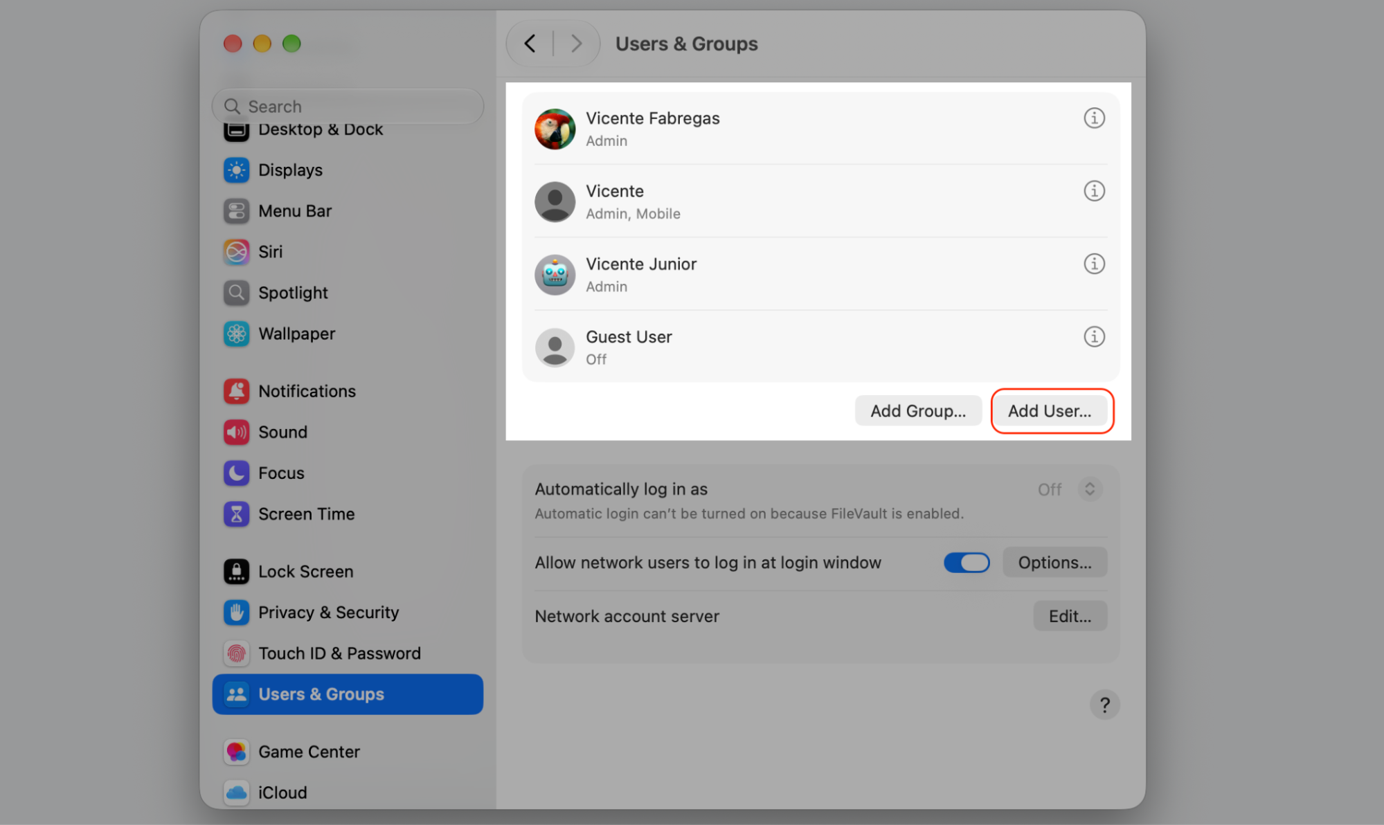 Users & Groups tab in macOS System Settings listing accounts with the Add User button highlighted to create a new account on your Mac.