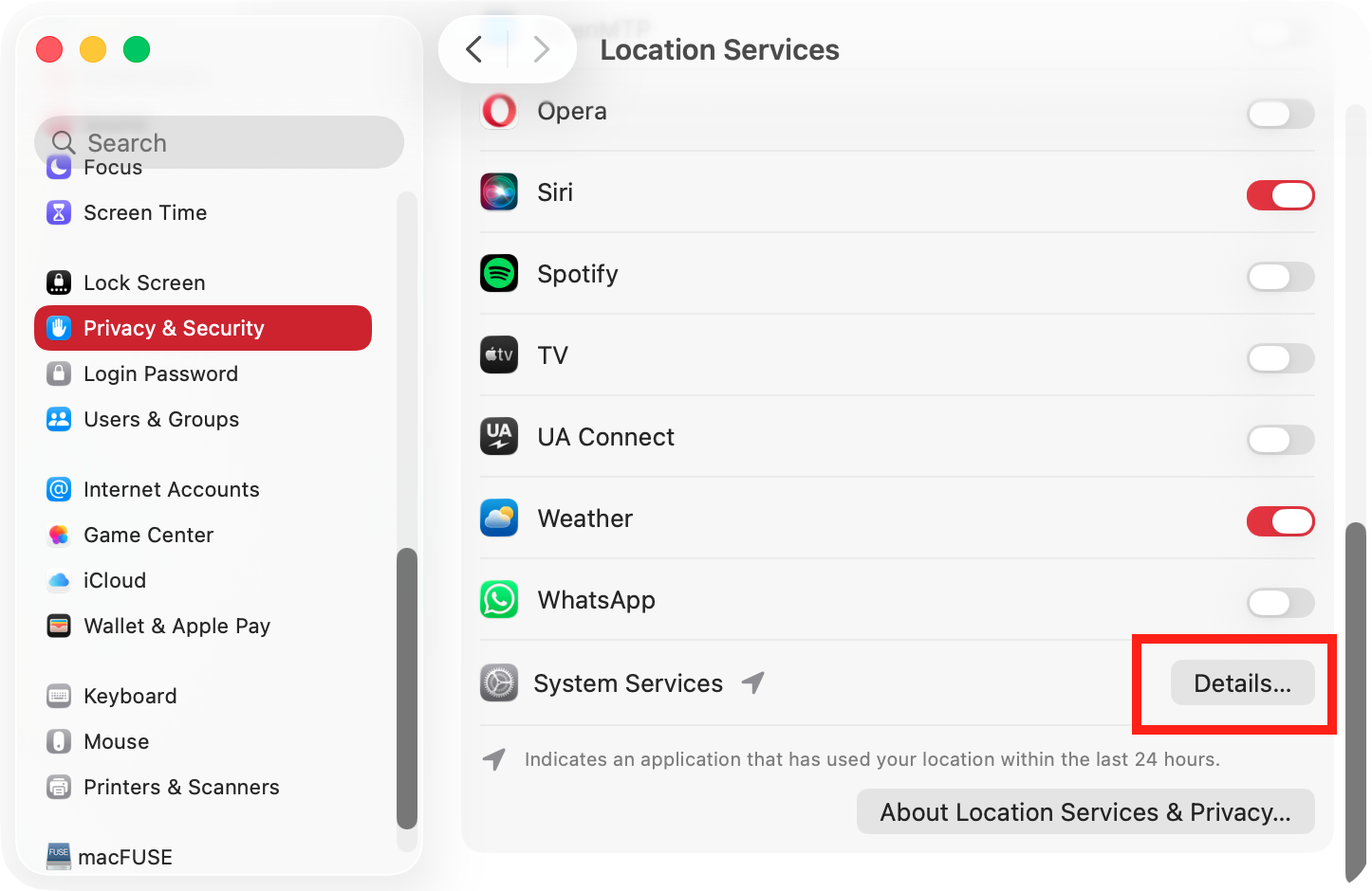 Scroll down to the bottom of the list, to where it says 'System Services'. Click the 'Details' button that you find here.