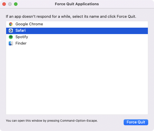 The Force Quit Applications window in macOS displaying a list of all running applications. To force quit Safari, first select it, then click the Force Quit button.