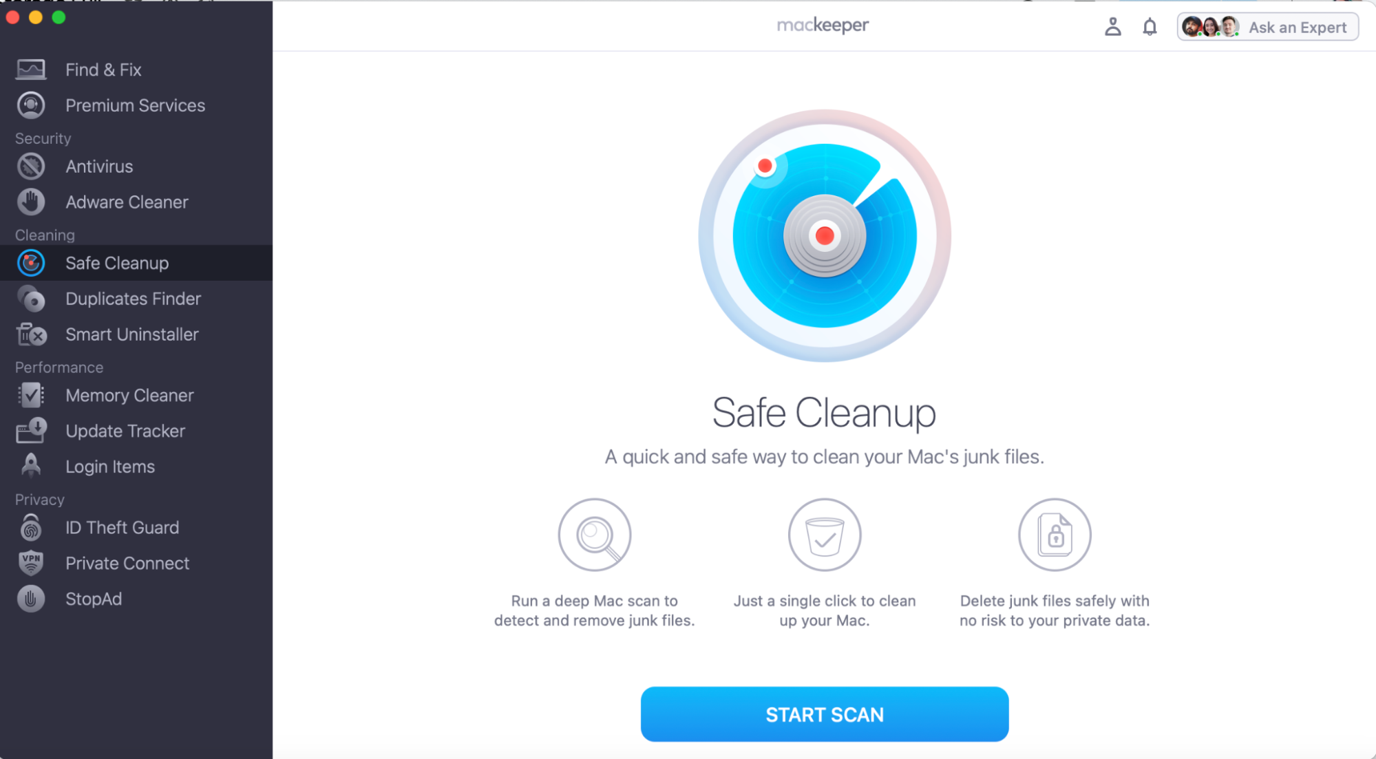 Keeping your iCloud storage organized with MacKeeper is easier than ever. Just open the MacKeeper app and go to the Safe Cleanup feature. Then press Start Scan. Keeping your iCloud storage organized with MacKeeper is easier than ever. Just open the MacKeeper app and go to the Safe Cleanup feature. Then press Start Scan.