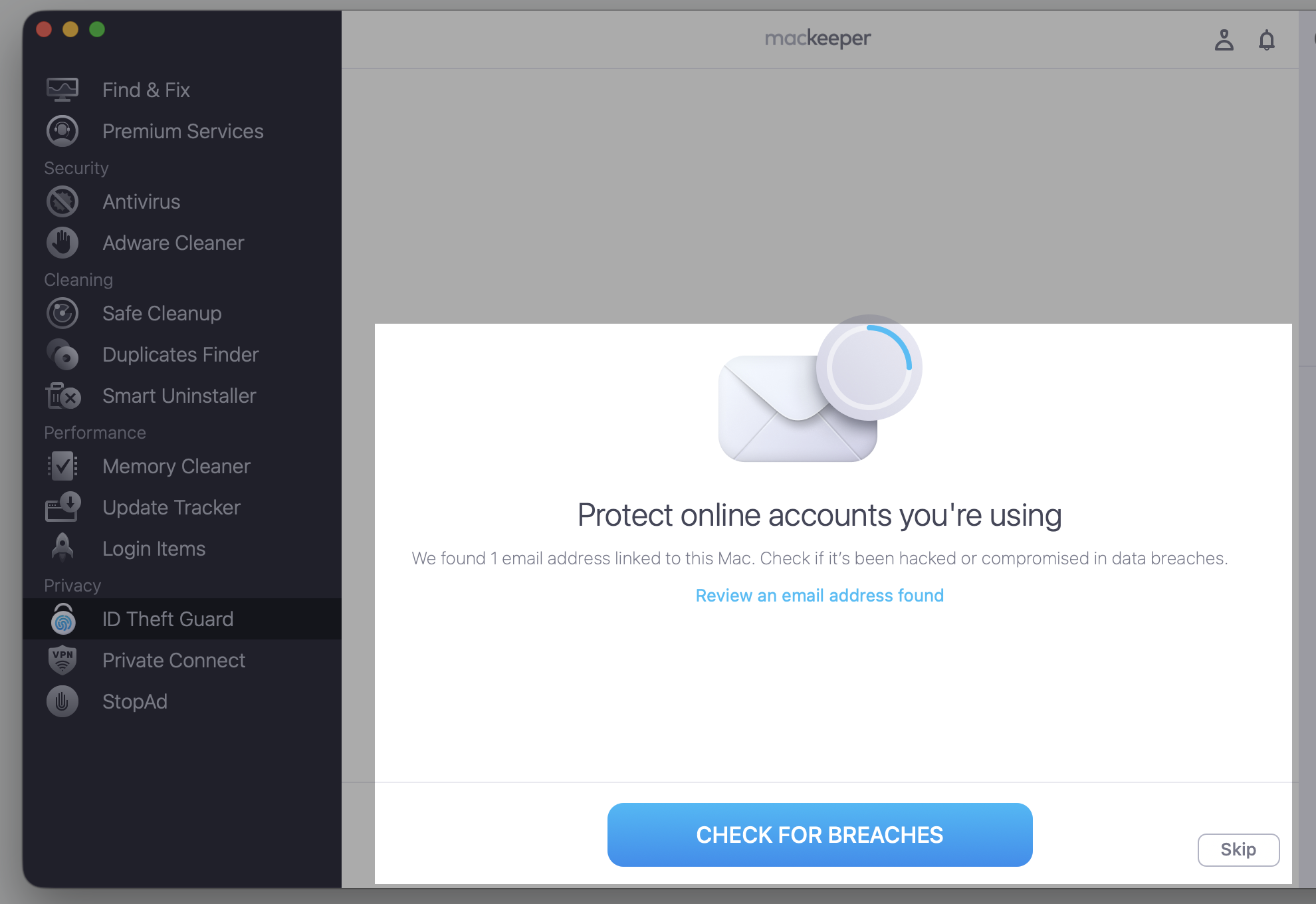 The ID Theft Guard window in MacKeeper on macOS, where you click Check For Breaches to scan your Apple computer for leaked credentials.