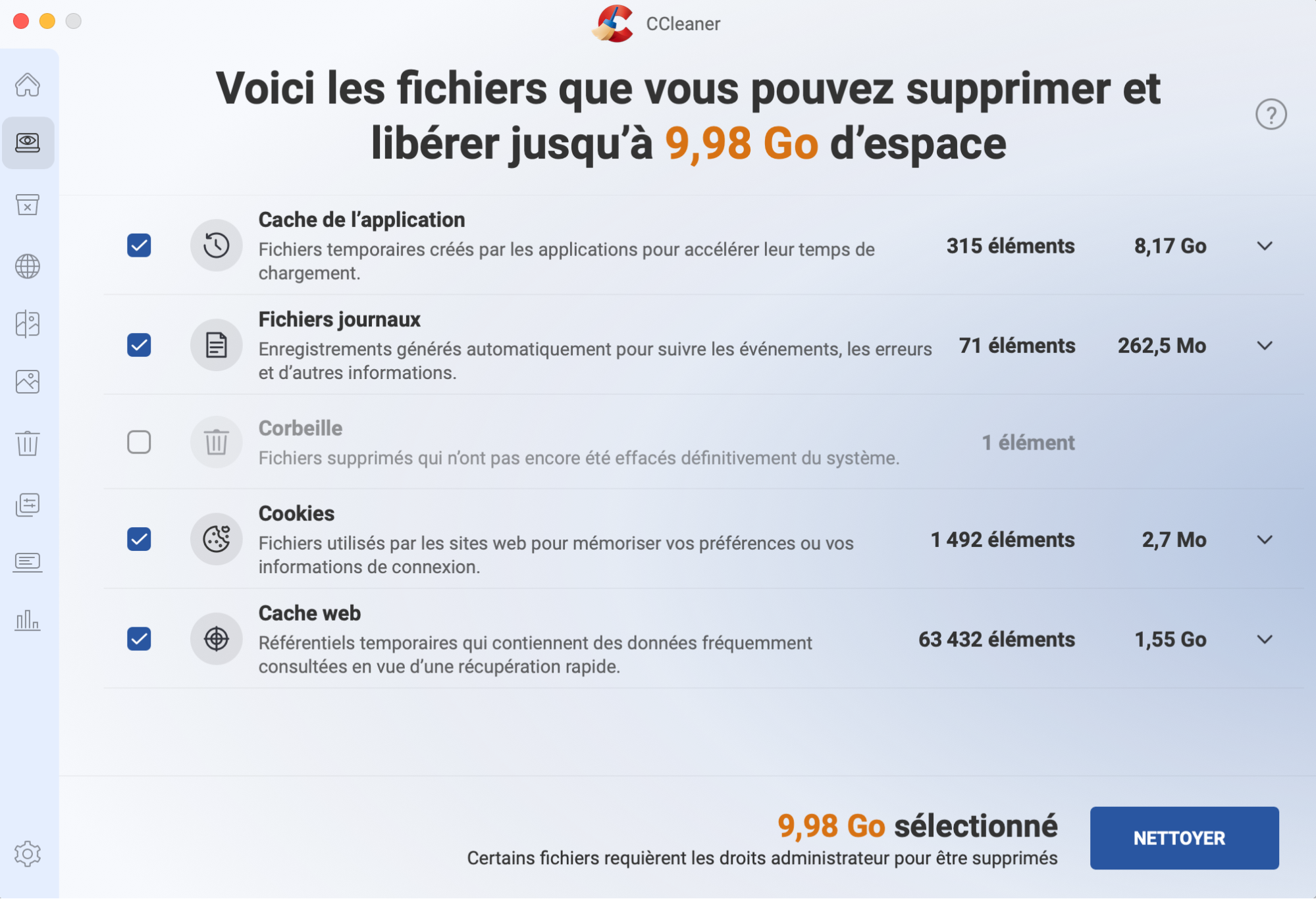 CCleaner pour Mac permet aux utilisateurs d’analyser les fichiers encombrants, tels que les caches d’applications. Après l’analyse, vous pouvez sélectionner Nettoyer pour vous en débarrasser.