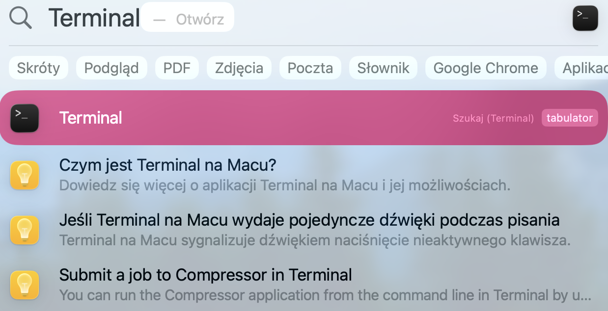 Aby wymusić zamknięcie aplikacji w Terminalu, najpierw otwórz Terminal, naciskając cmd + space, aby otworzyć Spotlight. Następnie wpisz Terminal w pasku wyszukiwania i naciśnij Enter.
