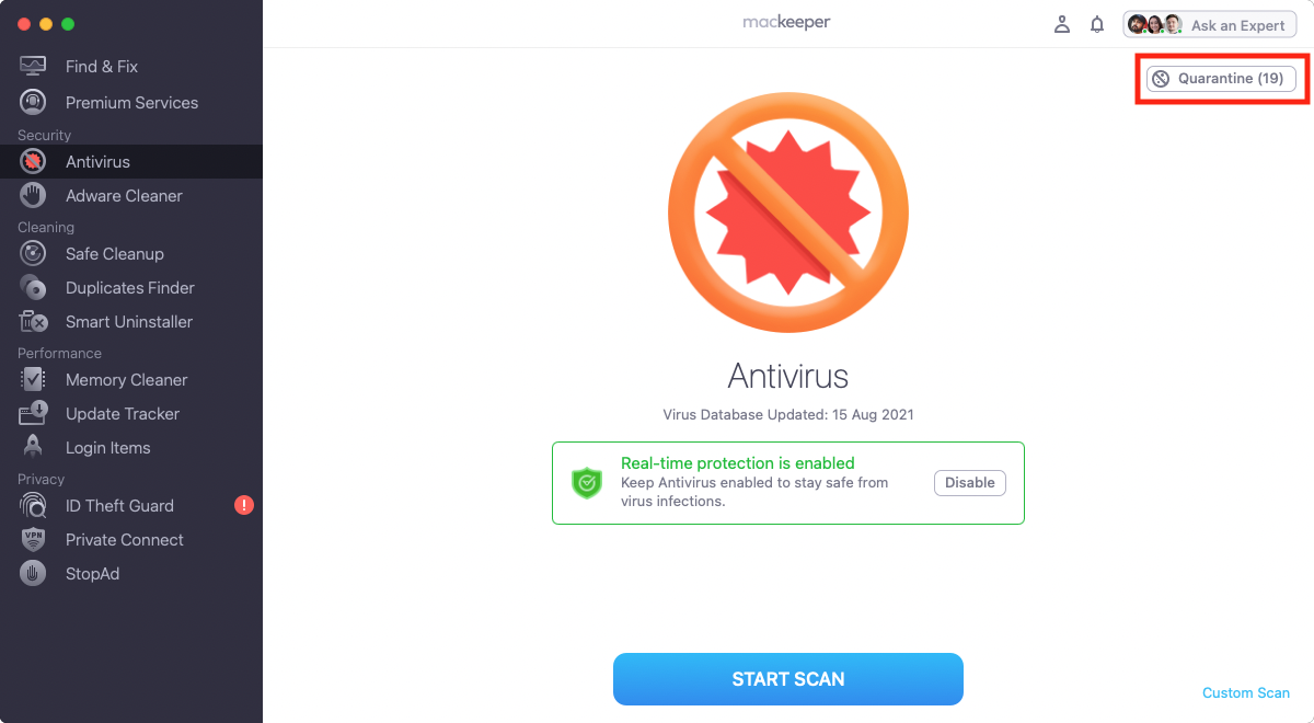 mackeeper antivirus tab quarantine button highlighted mackeeper antivirus tab quarantine button highlighted