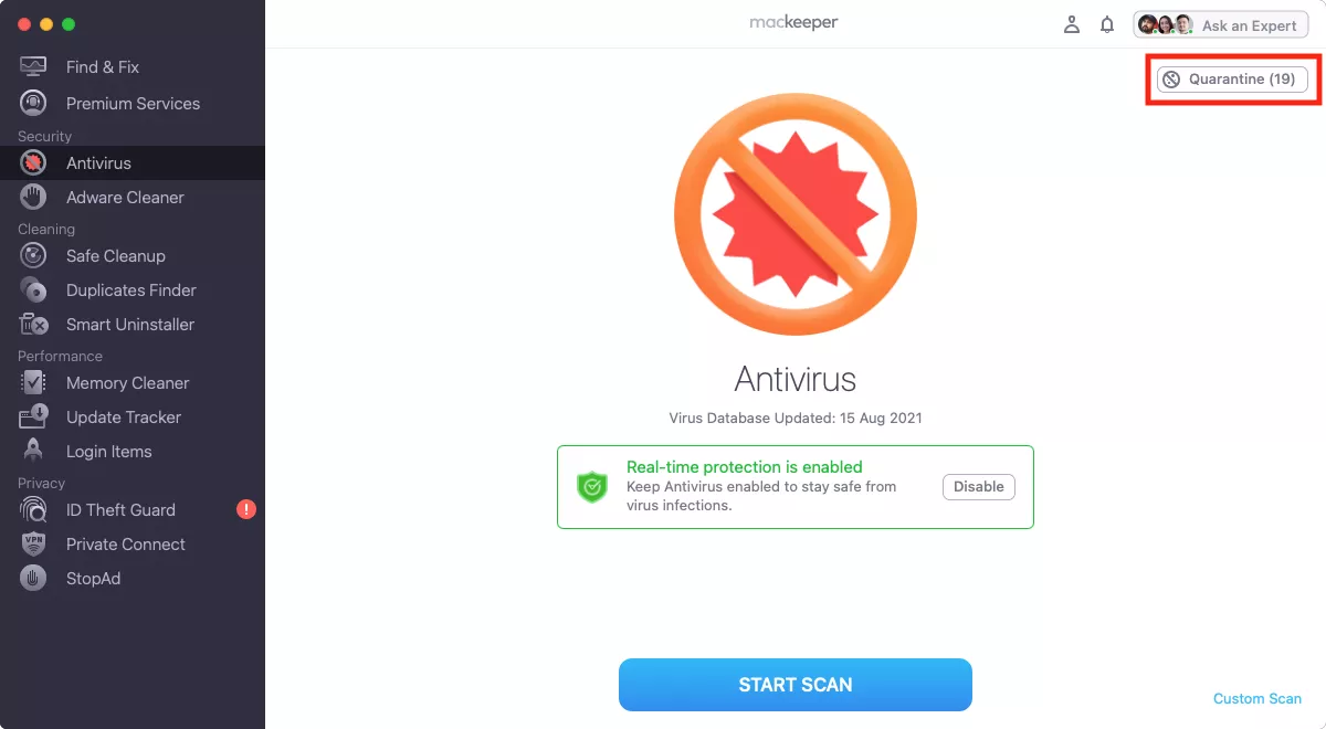 mackeeper antivirus tab quarantine button highlighted