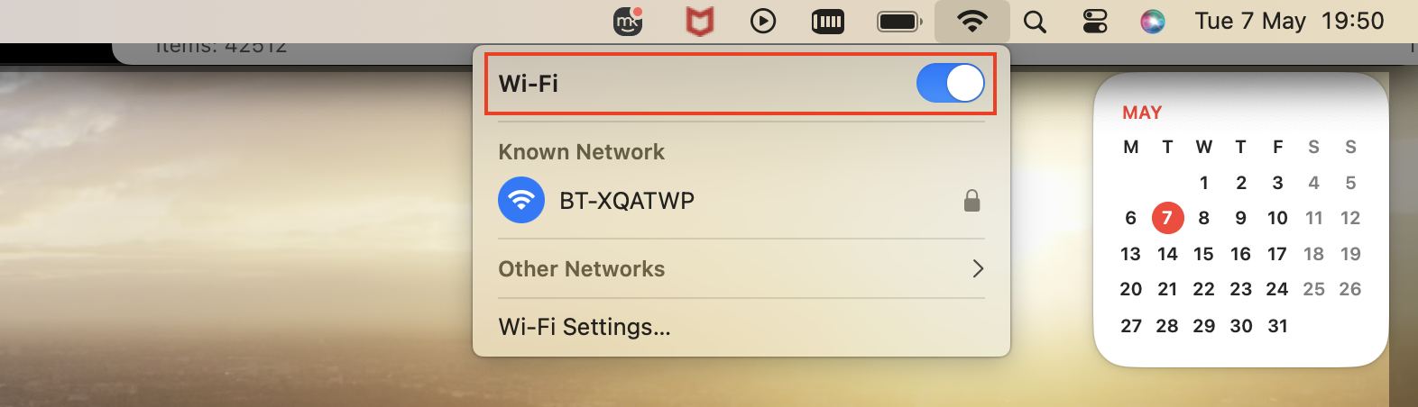 Part of the Mac menu bar, with the WiFi menu open. The toggle to turn WiFi on is highlighted. What to do if your Mac has been attacked by ransomware.