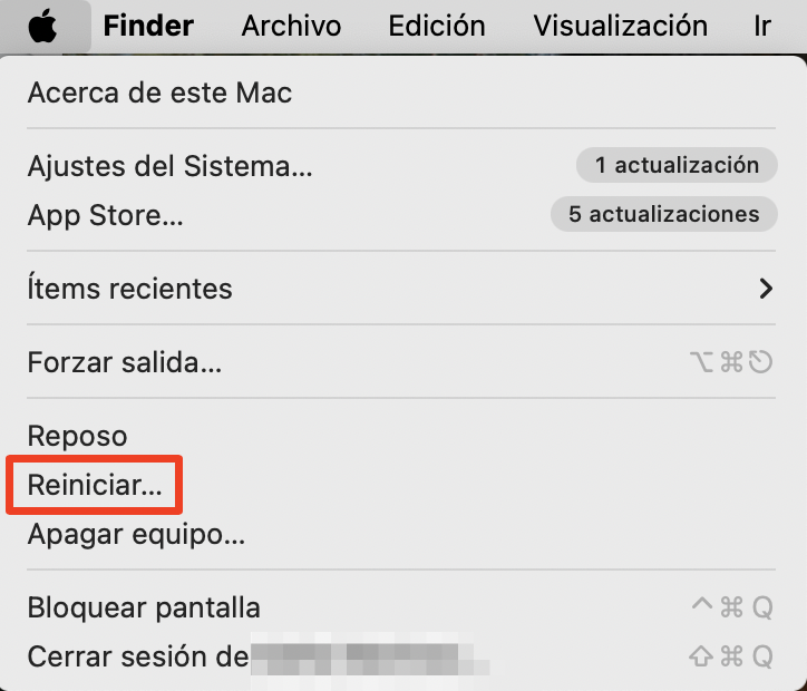 En la parte superior izquierda de la pantalla, selecciona el logotipo de Apple para reiniciar el ordenador Mac. Confirma el reinicio. En la parte superior izquierda de la pantalla, selecciona el logotipo de Apple para reiniciar el ordenador Mac. Confirma el reinicio.