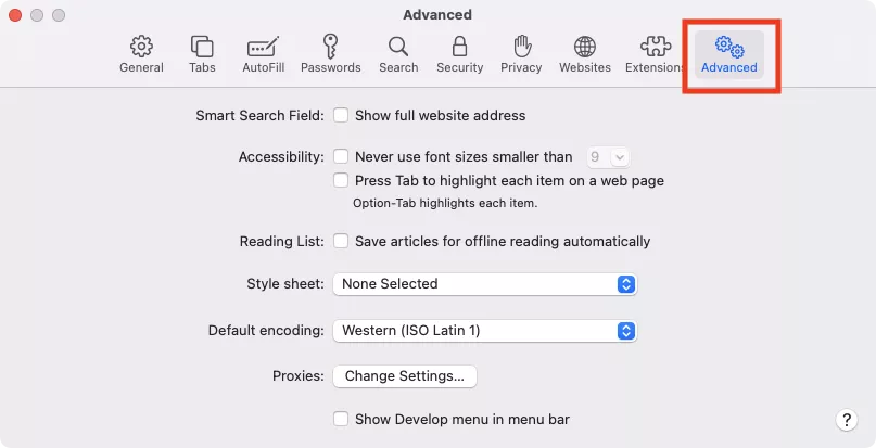 safari preferences advanced tab