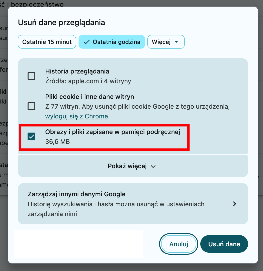 Google Chrome na Macu pokazuje menu Usuń dane przeglądania. Zaznacz Zapisane w pamięci podręcznej obrazy i pliki, a następnie kliknij przycisk Usuń dane.