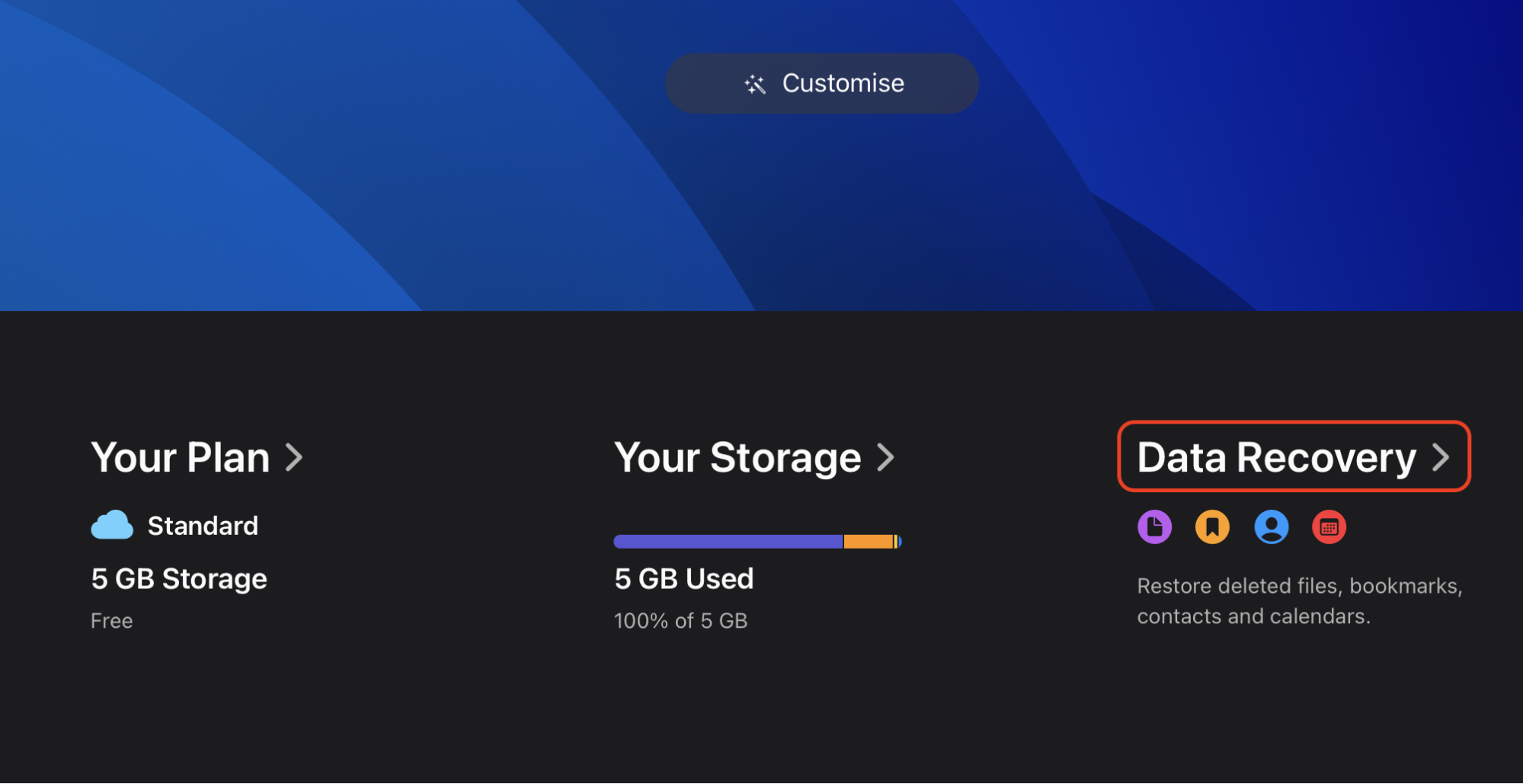 After signing in to iCloud.com, select Data Recovery to access options for restoring deleted contacts, files, and other recoverable iCloud data.