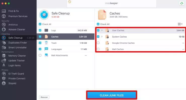 The new Safe Cleanup screen showing the contents of the Caches folder. Now you can pick the items you want to delete and click on Clean Junk Files
