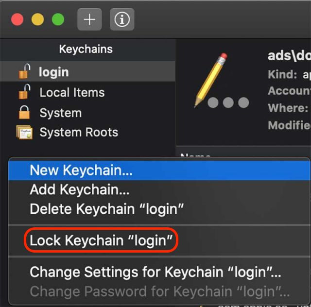 Right-click the login keychain and choose Lock Keychain to temporarily restrict access and help resolve issues with repeated password or Security Agent prompts.