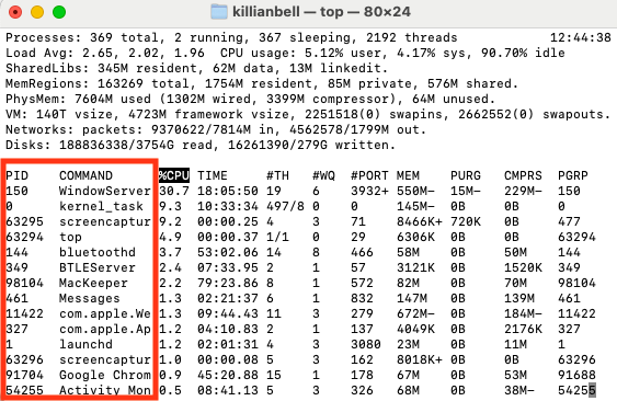 Terminal on Mac shows a list of all running processes. Find the process you want to quit and note down its PID number.