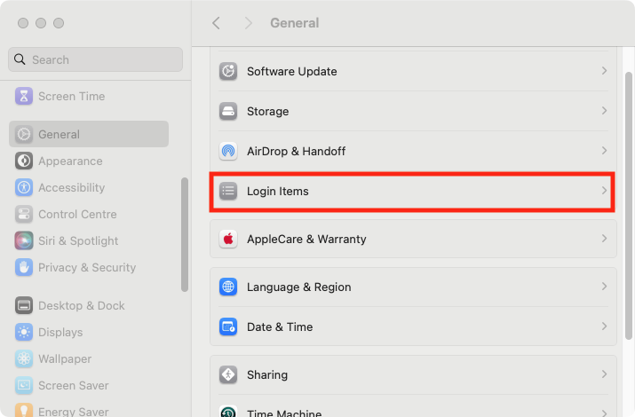 Go to System Settings, then click General in the sidebar. Find and open the Login Items section, where you can control what starts at boot time.