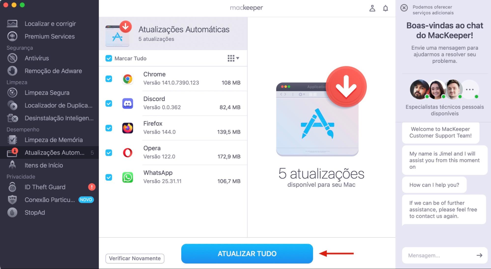Aplicativo MacKeeper aberto em um MacBook. Captura de tela do painel do MacKeeper que mostra como instalar atualizações de aplicativos em um Mac usando o MacKeeper durante a solução de problemas de alto uso de memória do WindowServer.