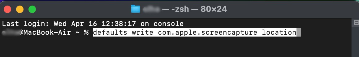 After the new folder for your screenshots is created, go to Terminal, and type the defaults write com.apple.screencapture location command there.