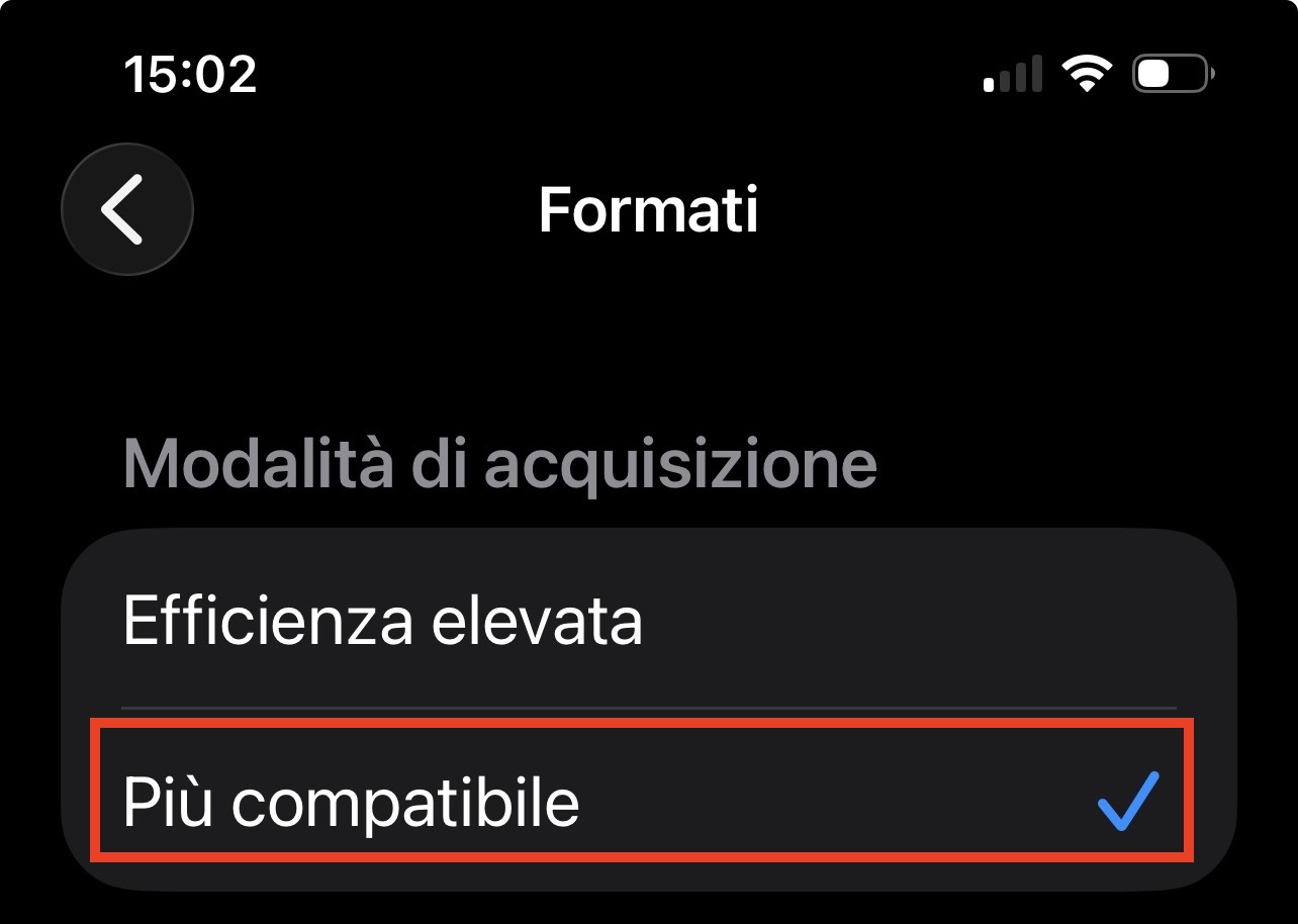 Cambia i tuoi formati HEIC in JPG andando su Impostazioni > Fotocamera > Formati sul tuo iPhone. Qui troverai Più compatibile; selezionalo invece di Alta efficienza.