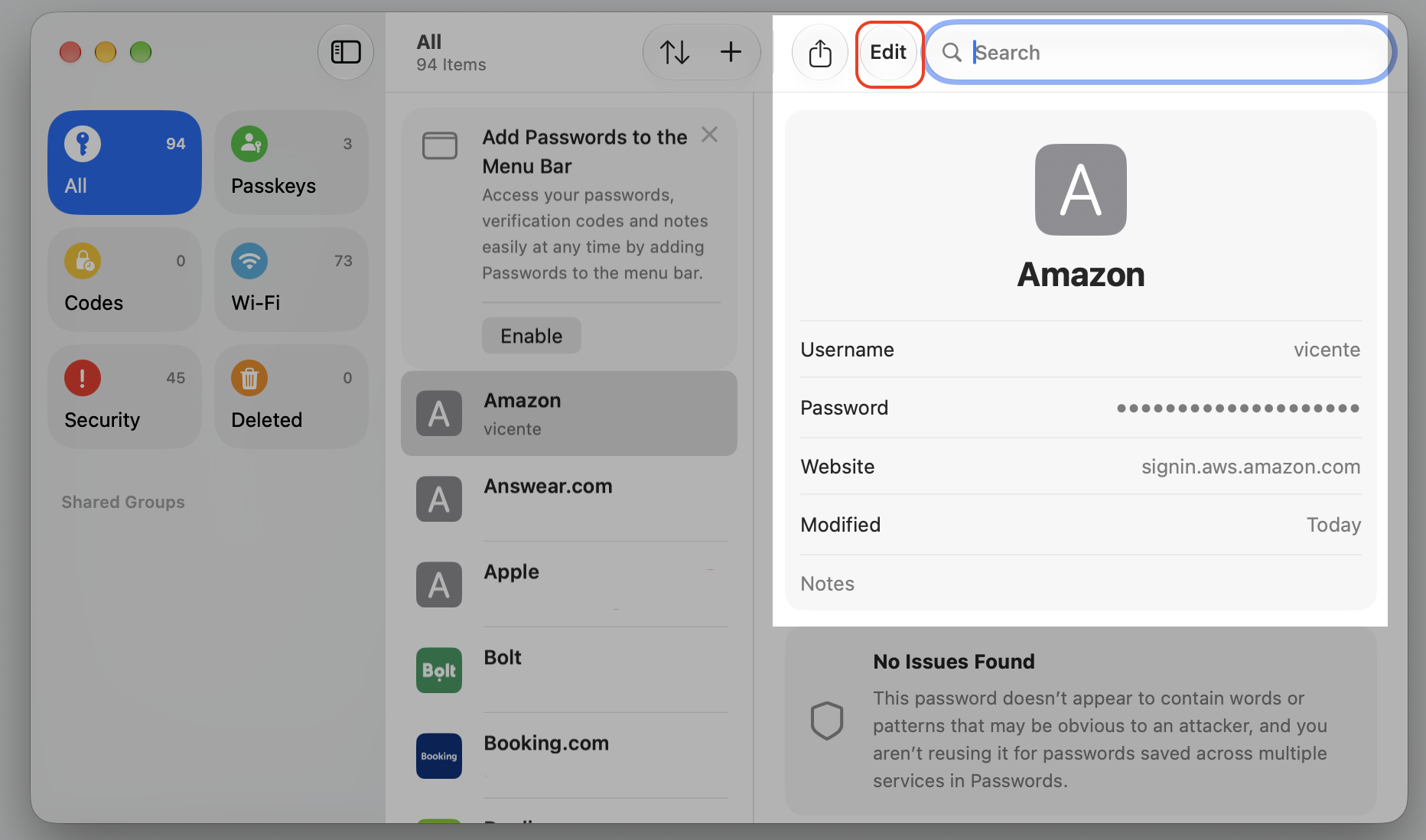 An open login in the Passwords app on macOS, clicking Edit to update an outdated username or password saved in iCloud Keychain.