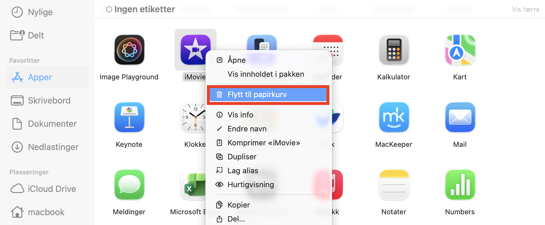 Mappen apper i Finder på Mac som viser hurtigmenyen som vises etter at du har høyreklikket på et programikon. Flytt et ubrukt program til papirkurven for å frigjøre plass på Mac.