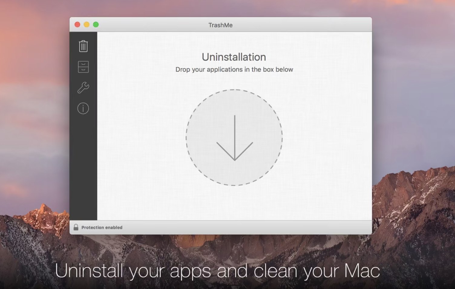 TrashMe Uninstallation window on an Apple computer, showing the Drop your applications here circle for removing apps and their leftovers.