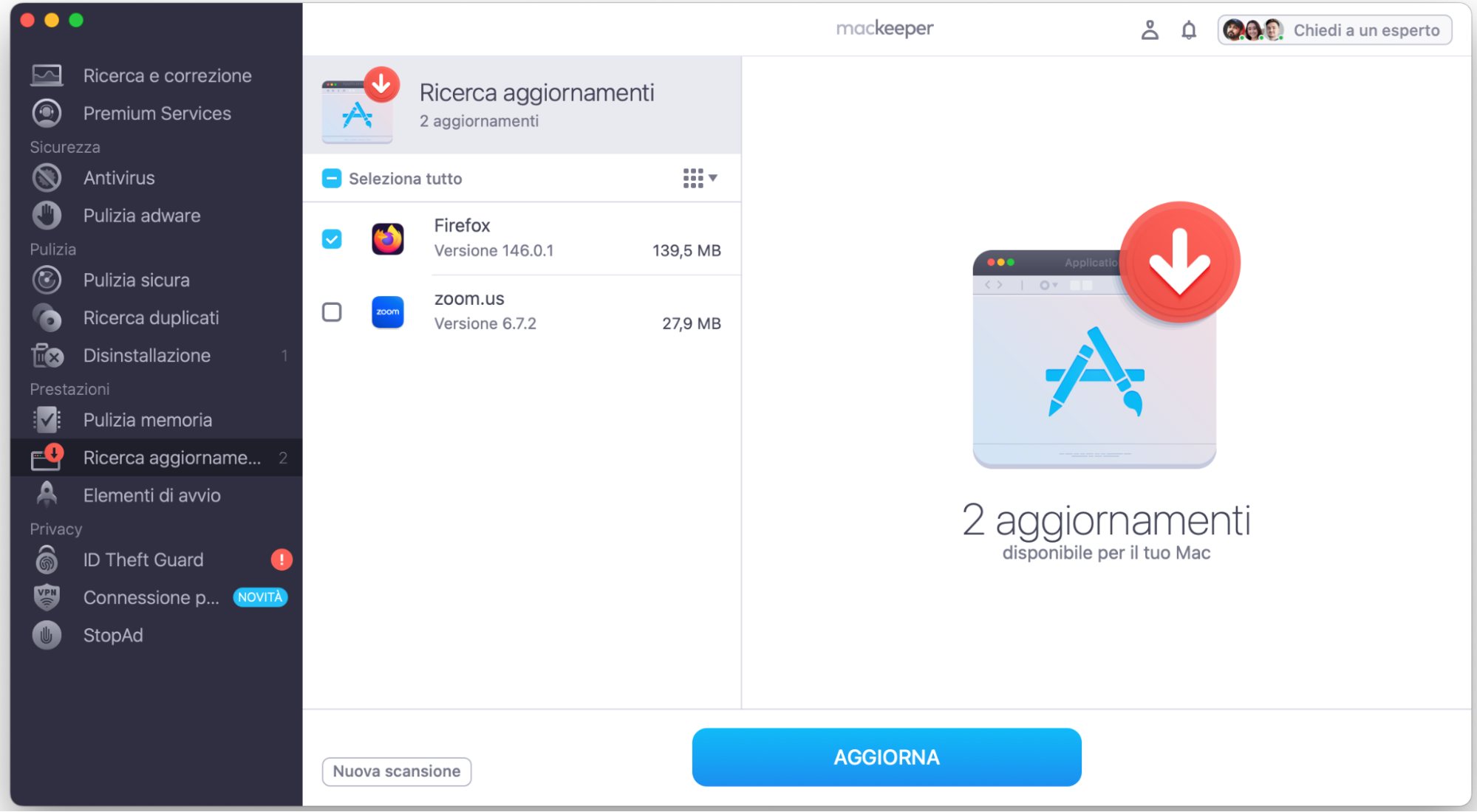 Ora, nella funzione Update Tracker di MacKeeper, visualizza i risultati della scansione, seleziona le app che desideri aggiornare e conferma cliccando sul pulsante Aggiorna.