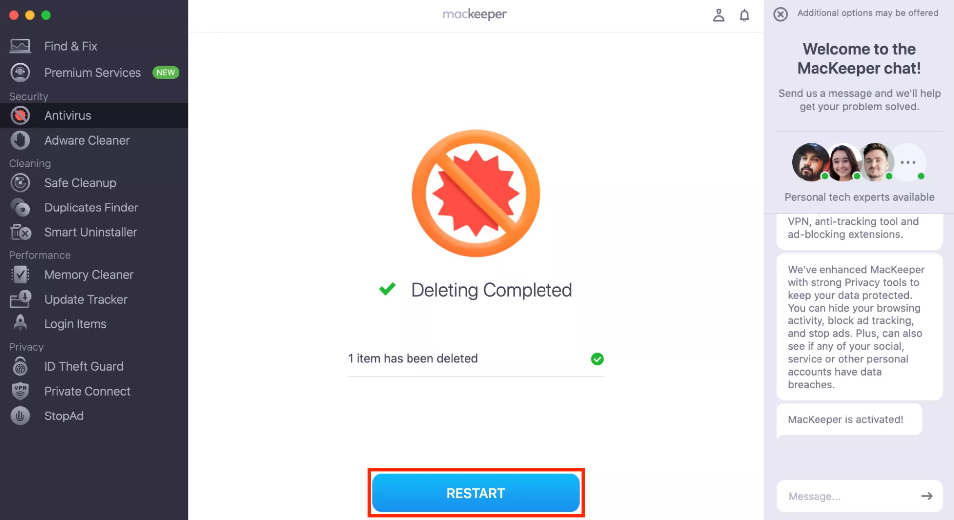 MacKeeper Antivirus on Mac confirms all threats have been removed. If you need to know where the Applications folder is after it was removed by a virus, click Restart, then try to find the Applications folder again.