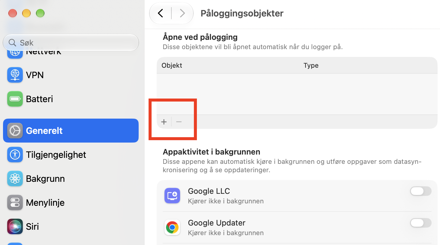 Påloggingsobjekter og utvidelser starter automatisk når du starter macOS. Dette er nyttig for utviklere av skadelig programvare, som kan lage infiserte apper som kjører ved oppstart. Gå gjennom Systeminnstillinger dine, og slett alle mistenkelige Påloggingsobjekter og utvidelser.