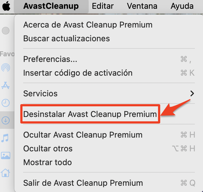 Avast Cleanup en Mac muestra las opciones de la barra de menú. Haz clic en Desinstalar Avast Cleanup Premium para abrir el desinstalador. Avast Cleanup en Mac muestra las opciones de la barra de menú. Haz clic en Desinstalar Avast Cleanup Premium para abrir el desinstalador.