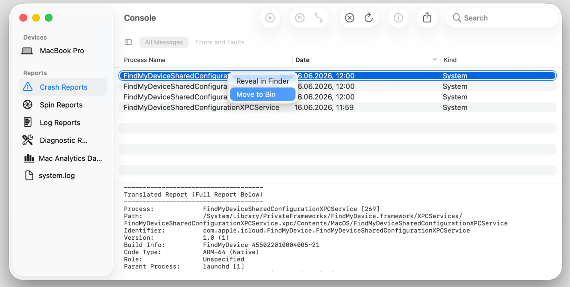Console Crash Reports on an Apple device with the control-click menu open, choosing Move to Bin to clear old ReportCrash diagnostic logs.