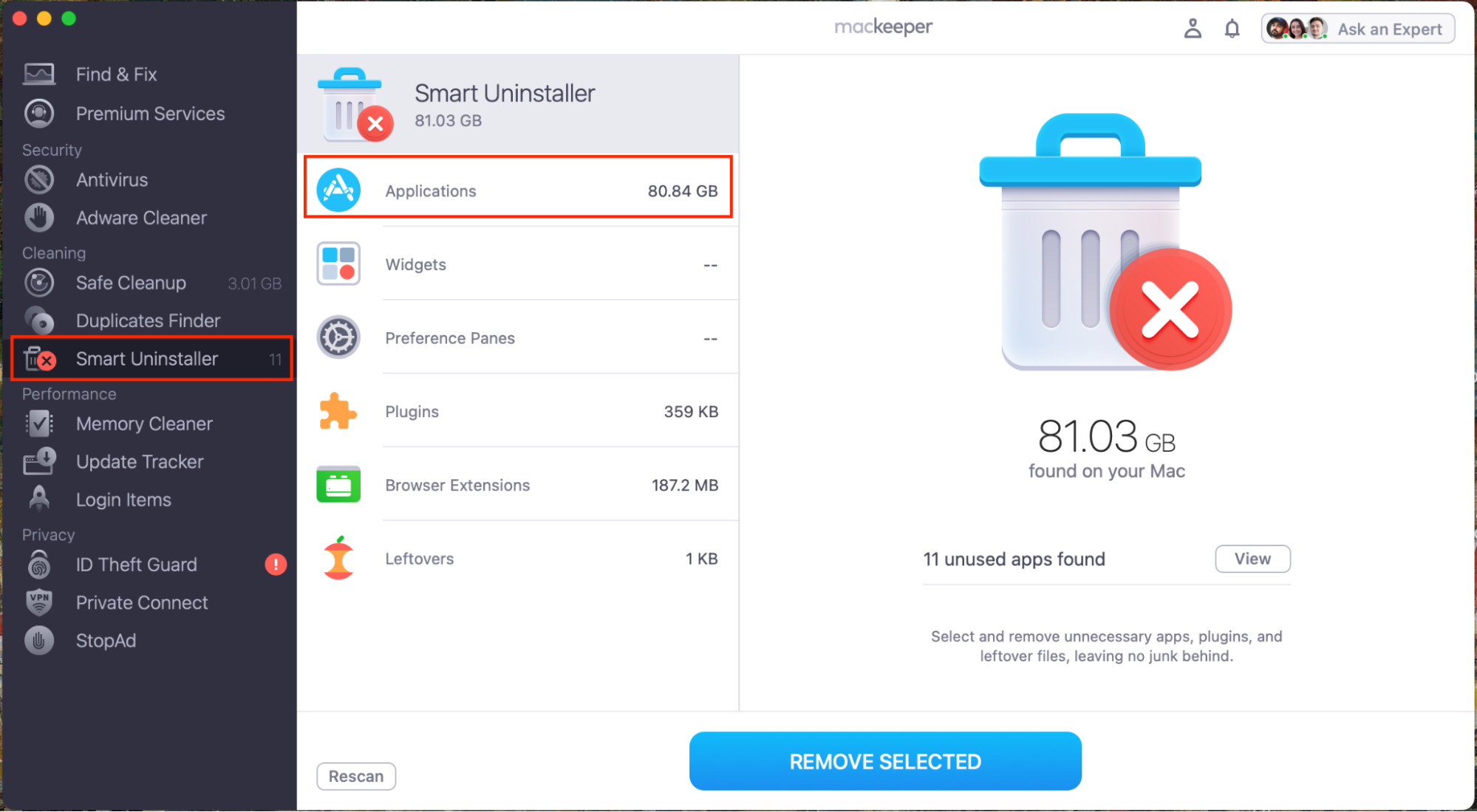 To free up space on your Mac to play Genshin Impact, open MacKeeper and select Smart Uninstaller. Then, enter the Applications sub menu.